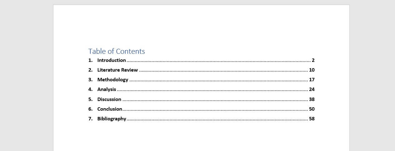 table of contents example thesis